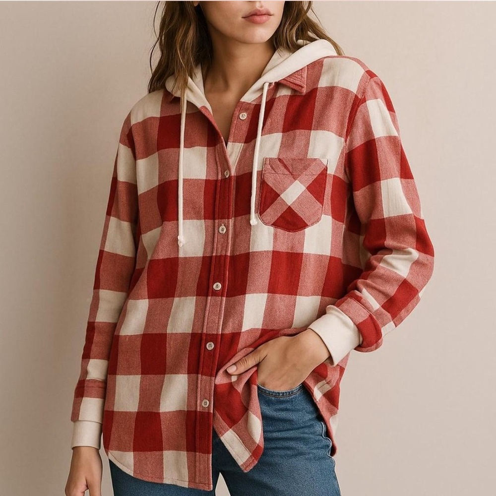 American Eagle Red White Plaid Hooded Flannel Shirt Jacket Size Medium Casual